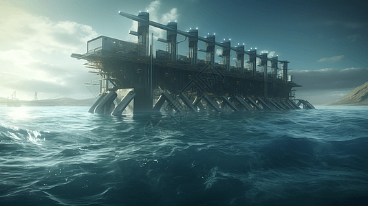 海洋发电厂的3D渲染图片