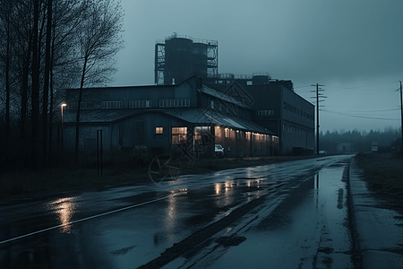 雨天建筑雨中的工厂设计图片