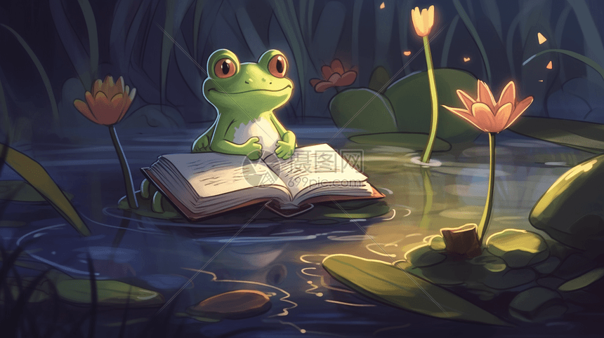青蛙在池塘上看书图片