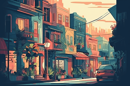 街道街景插画图片