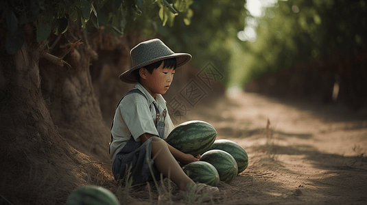 小男孩在树荫下图片