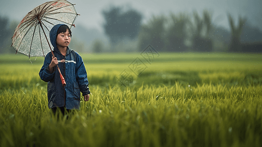 稻田里撑伞的男孩高清图片