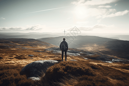 一个孤独的徒步旅行者站在山顶高清图片