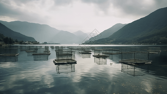 水面上漂浮着鱼笼图片