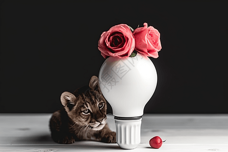 幼猫老虎幼崽与美丽的玫瑰灯泡设计图片