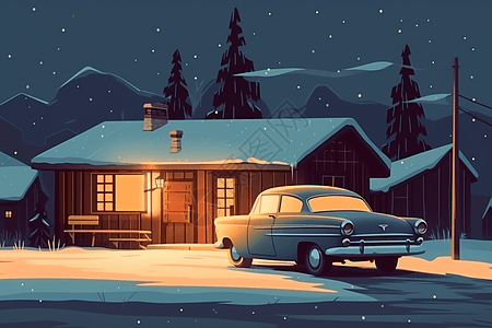 下雪的夜晚一辆汽车停在舒适的小屋前图片