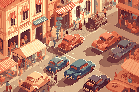 老式汽车中午停在一个繁忙的市场前的平面插图图片