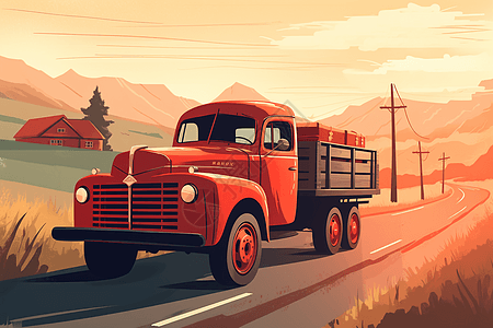 红色卡车在农村公路上拖运货物的平面插图高清图片