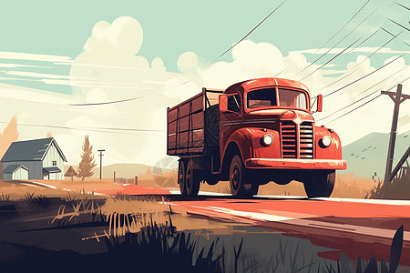 老式红色卡车平面插图图片