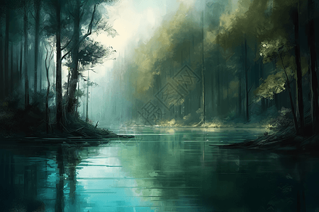 森林湖的插图图片