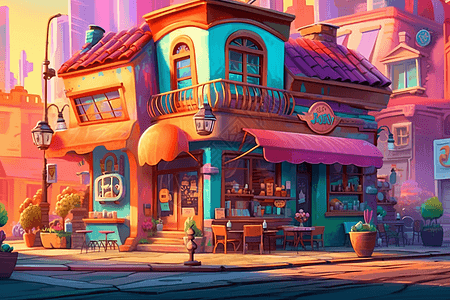 彩色咖啡屋场景插图图片