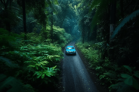 蓝色汽车在雨林中奔跑图片