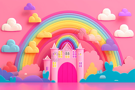 彩虹城堡粉色背景图片