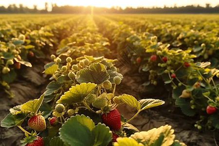 在阳光下收获成熟的草莓背景图片