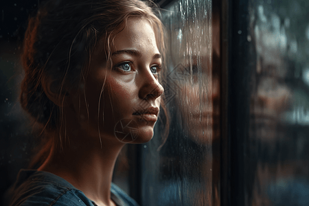 面对着淋雨的窗户的女性图片