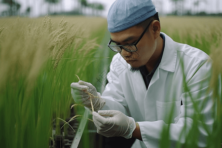 察看水稻的研究人员高清图片