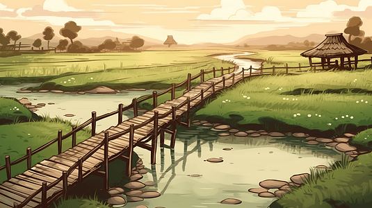 一座小木桥穿过蜿蜒的小溪图片