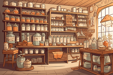 一个传统中药店的平面插图图片