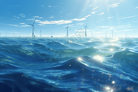 巨大海浪里面的风力涡轮机图片