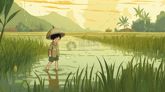 小男孩在水稻田玩耍图片