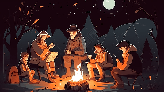 一家人聚在篝火旁图片