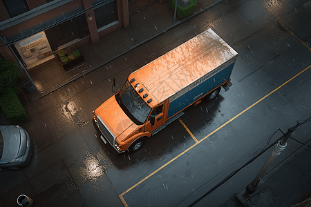 橙色卡车货车货车行驶在城市街道背景