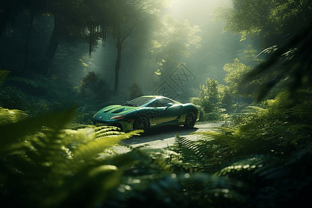 跑车行驶在雨林中图片
