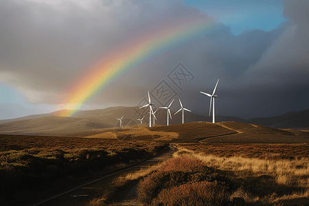 彩虹下的风力发电机图片