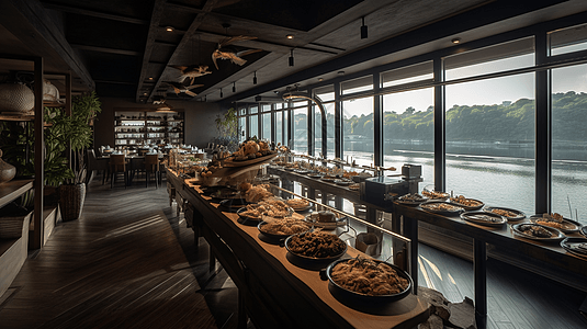 沿海景色的自助餐厅高清图片