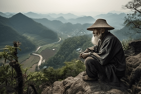 打坐老人白胡子老人坐在岩石上背景