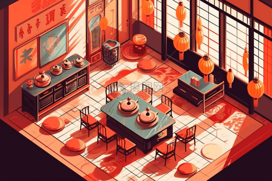 中国茶道传统茶馆扁平室内游戏风插图图片