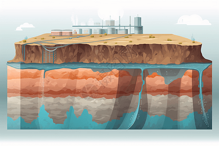 带有热水和岩石层的地热水库的横截面图片