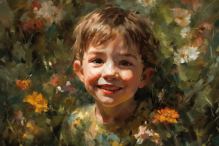 鲜花围绕的油画风格儿童肖像图片