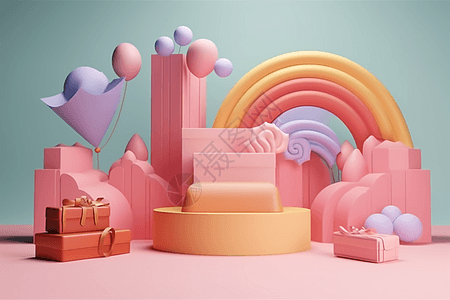 儿童节促销粉色三维产品展台插画
