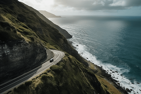 汽车沿着悬崖边的道路行驶背景图片