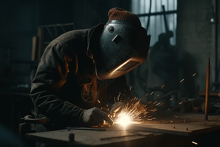 一名工人在焊接一块金属图片