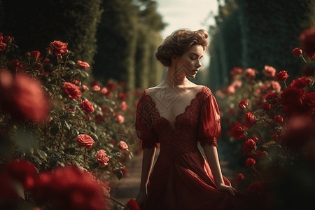 穿着红色连衣裙的贵妇漫步在玫瑰园中图片