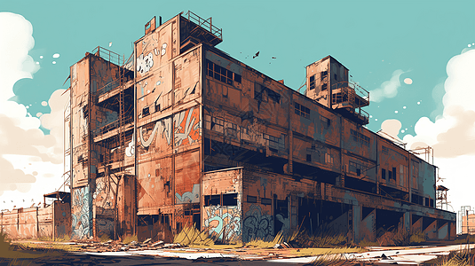 被涂鸦覆盖的废弃工厂大楼图片