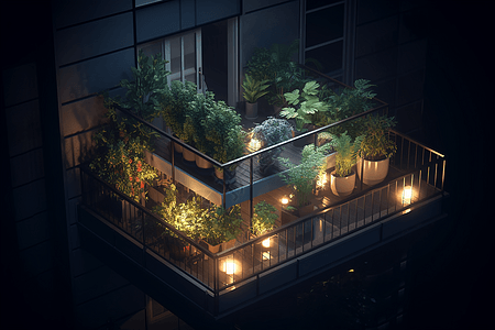 简约阳台花园，具有等距视角，以时尚的-inspired风格呈现，灯光明亮。图片