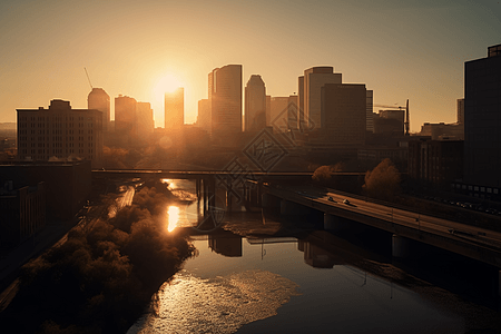 夕阳中城市高楼桥梁图片