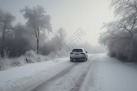 车积雪一辆汽车驶过雪地设计图片