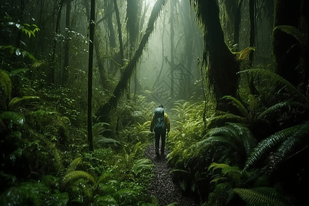 原始雨林雨林中徒步旅行的人背景