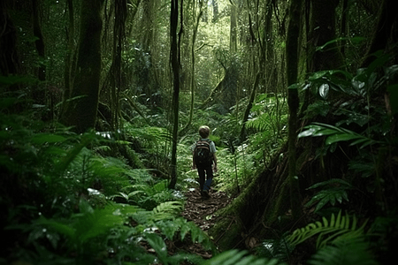 原始雨林徒步旅行的冒险家背景