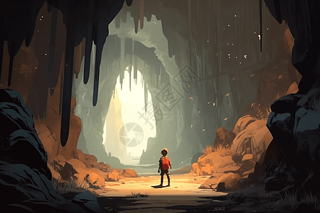 一个冒险家探索巨大洞穴图片