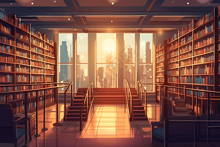 夕阳下的图书馆书架图片