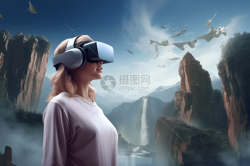 体验VR旅游的女人图片