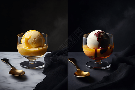 芒果冰淇淋桌子上二种甜点比较设计图片