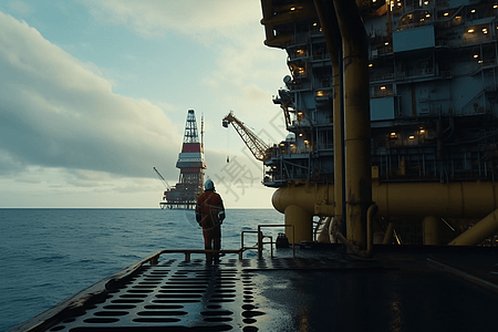 工人在海上钻机上钻探石油图片