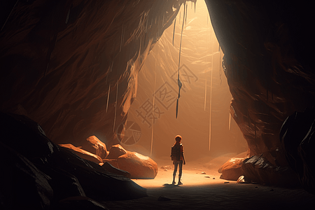 探险家在山洞里走向阳光背景图片