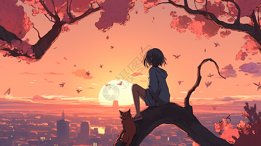 坐在樱花树枝上的女孩和猫图片
